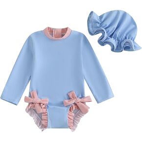 Baby Girls Long Sleeve Swimsuit with Hat Ruffle Solid Summer Beach Bathing Suits Toddler Infant Rashguard Swimwear