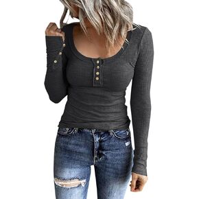 Women's 2023 Fall Long Sleeve Henley T Shirts Button Down Slim Fitted Tops Scoop Neck Ribbed Knit Casual Basic Shirts