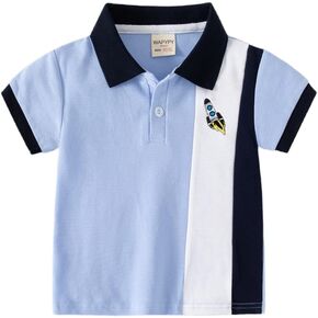 Toddler Baby Boy's Fashion Embroidery Color Block Shirt Lapel Button Up Pullover Short Sleeve Lightweight Top