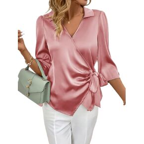 Women's Classic-Fit Shirt Plain Satin Shirt for,Three Sleeve Tops