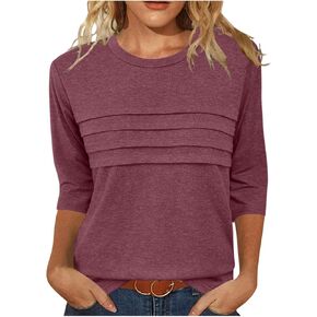 Womens 3/4 Sleeve Shirts Pleated Crew Neck Tunic Tops Dressy Casual Loose Blouses 2025 Spring Summer Trendy Clothes