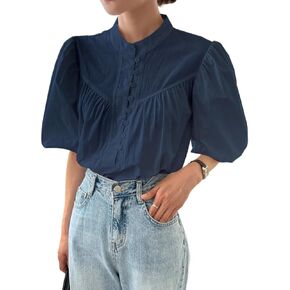 Women's Classic-Fit Shirt Stand Collar Loose Fit Puff Sleeve Blouse with Pleats