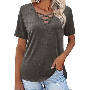 Short Sleeve Summer Tops for Women 2025 Trendy Casual V Neck Criss Cross T-Shirt Sexy Dressy Blouses Soft Tees