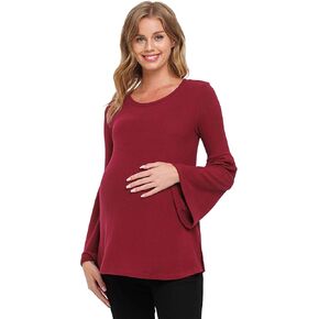 LaClef Hello Miz Women's Maternity Tunic Top - Round Neck Ruffle 3/4 Bell Sleeve
