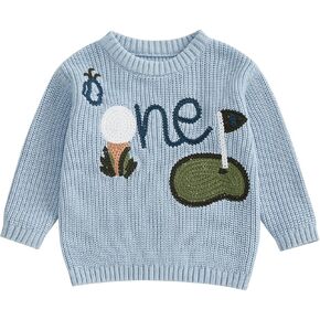 Hole in One Baby Boy Golf Bithday Outfit Embroidery Long Sleeve Knit Pullover Sweater Fall Winter Cake Smash Outfits