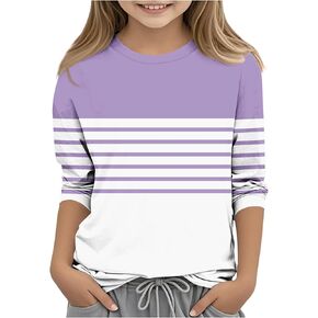 Girls 3/4 Sleeve Striped T-Shirts Boys Colorblock Casual Loose Basic Crew Neck Summer Tops for Kids 3-14 Years