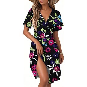 Sundresses for Women 2025 Short Sleeve Cross Wrap V Neck A-Line Midi Dresses Summer Casual Sexy Floral Boho Dress