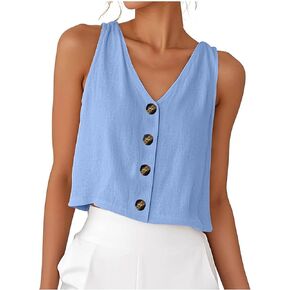 Crop Tank Tops for Women Solid Color V Neck Sleeveless Button Down Cropped T Shirts Summer Casual Beach Vacation Tops