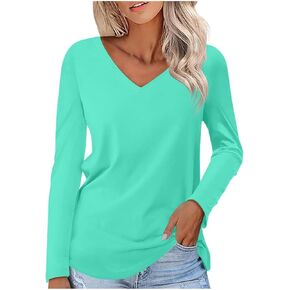 Womens T Shirts V-Neck Long Sleeve Loose Fit Shirts Casual Solid Color Basic Tops Fall Sweatshirt Pullover 2024