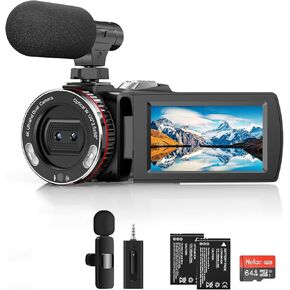 Video Camera, Camcorder 4K, 64MP 30FPS Dual Lens Camera with Wireless Mic for Vlogging YouTube, Ultra HD 3 Inch Screen 21X Digital Zoom, Video Recorder Camera with 64GB SD Card