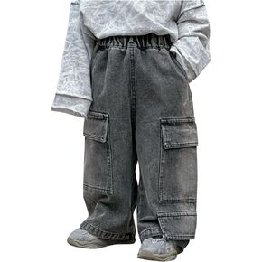 Toddler Baby Boy Baggy Cargo Jeans Little Boys Wide Leg Casual Denim Pants Elastic Waist Jean Trousers with Pockets