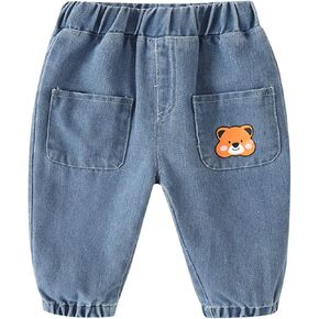 Toddler Boys Elastic Waist Jeans Pants Cartoon Print Denim Pants Baby Casual Pull On Pants with Pockets