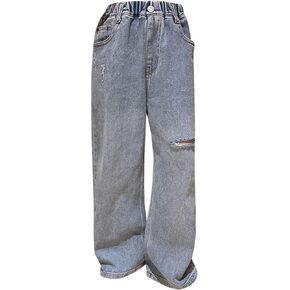 Kids Fashion Elastic Waist Denim Pants Straight Wide Leg Baggy Jeans Vintage Cut Out Ripped Distressed Denim Pants