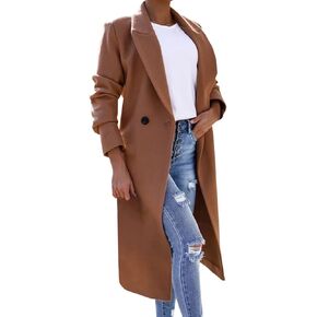 Women's Faux Wool Coat Blouse Thin Coat Trench Long Jacket Ladies Slim Long Belt Elegant Overcoat Long Formal Womens Coat