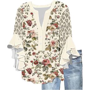 Women 3/4 Length Sleeve Blouse Ruffle Cuffs V Neck Shirt Work Office Button Down Shirts Casual Summer Dressy Tunic Top
