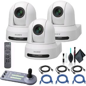 3 x Sony SRG-X40UH 4K/HDMI/USB Optical 40x Zoom PTZ Camera with PoE+ White SRG-X40UH/W, Sony RM-IP10 IP Remote Controller, 3 x Cat5e Ethernet Cable, Cleaning Set, 3 x HDMI Cable - Bundle