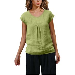 Womens Cap Sleeve Summer Cotton Linen Tops Loose Casual Crew Neck T Shirts Cute Pleated Tunic Blouse Trendy Clothes 2025