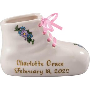 Porcelain Personalized Baby Bootie Heirloom – Pink Girl - Customize Ceramic Baby Shoe Keepsake with Baby Name and Birth Date – Birth, Baptism or Christening Gift - 4" Long by 2" Wide