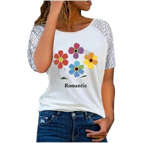Women's Lace Summer Tops Dressy Raglan Short Sleeve Stars Floral Shirts Sexy Casual Tshirts Elegant Blouse