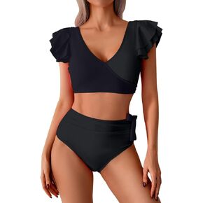 Women's Bikini Sets Two Piece Swimsuit Ruffle Color Block Adjustble Bow Tie Back Bathing Suits Tankini Swimwear