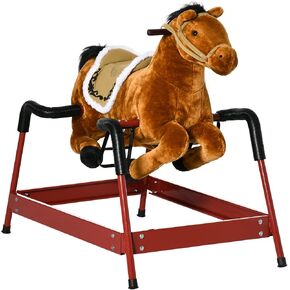 Qaba Kids Spring Rocking Horse, Ride on Horse for Girls and Boys with Animal Sounds, Plush Horse Ride-on with Soft Feel, Interactive Toy for Kids