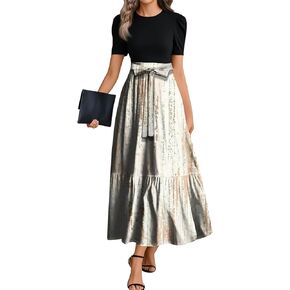 FlekmanArt Maxi Dresses for Women 2025 Patchwork Tie Puff Sleeve Dress Summer Modest Elegant Church Wedding Guest Dresses