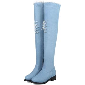 SHEMEE Women's Denim Low Heels Over The Knee Boots Flat Thigh High Boots Round Toe Side Zipper Long Boots