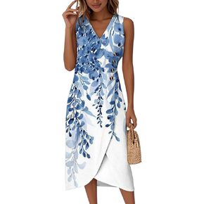 FlekmanArt Summer Dresses for Women 2025 Casual V Neck Sleeveless Midi Dress Flowy Irregular Hem Boho Tank Dress