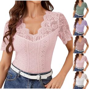 Womens Lace Crop Tops Lace Trim V Neck Shirts Short Sleeve Dressy Casual Tshirts Going Out Summer Tops Tees