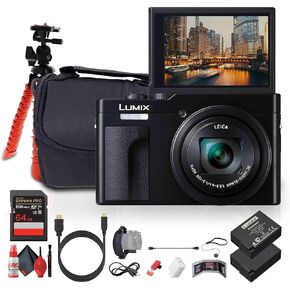 Panasonic ZS99 Point and Shoot Compact Travel Digital Camera (Black) (DC-ZS99K) + 64GB Memory Card + DMW-BLG10 Battery + Camera Bag + Flexible Tripod + USB-C Cable + Cleaning Kit + More