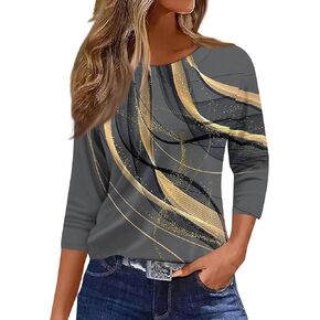 Tops for Women 3/4 Length Sleeve Crewneck Shirts 2024 Fall Casual Loose Fit Printed Blouse Cute Graphic Basic Tees