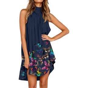 iQKA Country Dresses for Women Turtleneck Backless Solid Flowy Beach Party Summer Mini Dress Sundress