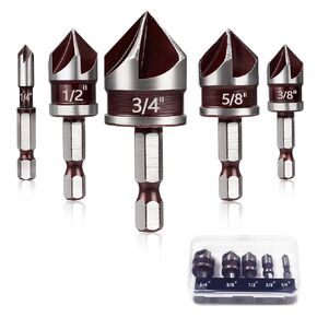 Countersink Drill Bit Set，Heavy Duty 82 Degree 5 Flutes Quick Change Hex Shank Countersink Drill Bit Set for Wood Metal Plastic, 5-Piece Sizes 1/4" to 3/4"