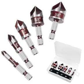 Auniwaig 5Pcs Countersink Drill Bit Set, Premium HSS Drill Bit with 82-Degree, 5 Flutes 1/4" Quick-Change Hex Shank, 1/4", 3/8", 1/2", 5/8", 3/4" Size Counter Sink Drill Bitsfor Wood, Metal, Plastic