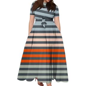 FlekmanArt Spring Dresses for Women 2025 Short Sleeve Round Neck Church Dresses Plus Size Knee Length Dress with Pockets