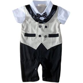 stylesilove Infant Toddler Short Sleeve Glossy Lapel Baby Boy Formal Wear Wedding Tuxedo Romper