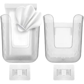 2-Pack Acrylic Wipes Dispenser, Wall-Mounted Refillable Toilet & Kitchen Wipes Holder, No-Drill Adhesive Bathroom Tissue Box Organizer