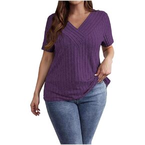 Women Plus Size Tops Summer Short Sleeve Wrap V Neck Ribbed Shirts 2025 Fashion Dressy Casual Business Tunic Blouses