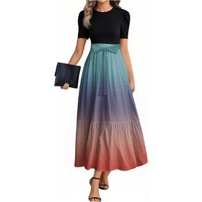 FlekmanArt Summer Maxi Dresses for Women 2025 Tiered Empire Waist Dress Belt Patchwork Tie Dye Short Sleeve Beach Sundress