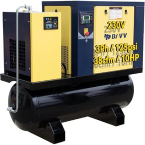 208-230V 3-Phase Total Rotary Screw Air Compressor With ASME Tank & Refrigerated Dryer - 10HP/7.5KW - 40CFM/125PSI - 80 Gallon ASME Tank Industrial Air Compressed System Base Mounted