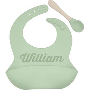 Personalized Silicone Bib and Spoon Set with Custom Name, Babies/Toddlers Durable Adjustable with Pocket for Baby Boy & Girl