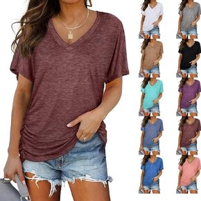 Presencte New Casual Pullover V-Neck Solid Color Loose Ladies Tops, Summer Casual Loose Top with Solid Color T-Shirt