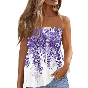 Womens Tube Tops Smocked Ruffled Off Shoulder Shirts Sleeveless Beach Tops Sexy Strapless Bandeau Print T-Shirt