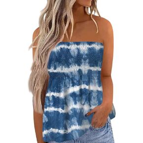 Womens Tube Tops Smocked Ruffled Off Shoulder Shirts Sleeveless Beach Tops Sexy Strapless Bandeau Print T-Shirt in Saudi Arabia