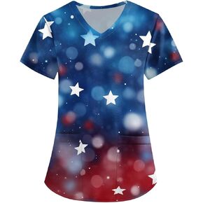 فرك الرابع من يوليو للنساء ضد الرقبة القصير الأكمام مع الجيوب العلم طباعة قمم الوطنية ملابس التمريض in Kuwait