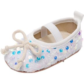 BILIKEYU Newborn Baby Girls Ballet Flat Sequins Bow Closed Toe Stretchy Strap Soft Infant First Walking Shoes 0 to 12 Months