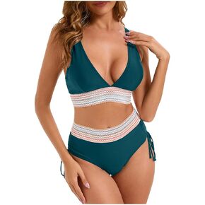 Women's High-Waisted Bikini Set, Two-Piece Swimsuit with Split Color, Drawstring Detail, and Gathered Side