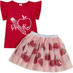 Toddler Baby Girl First Day of School Outfits Ruffle Apple Kindergarten Ribbed Knit Shirt + Tulle Tutu Skirt Set