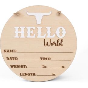 Hello World Wooden Baby Birth Announcement Sign – Western Bull Head Name Plaque with 3D Lettering – Stats Board for Photo Prop or Nursery Decor