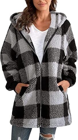 أكواخ للنساء 2024 Fall Flannel zip up غلاف منقوش غامض بالإضافة إلى حجم هوديسي طويل الشتاء مع جيب in Kuwait
